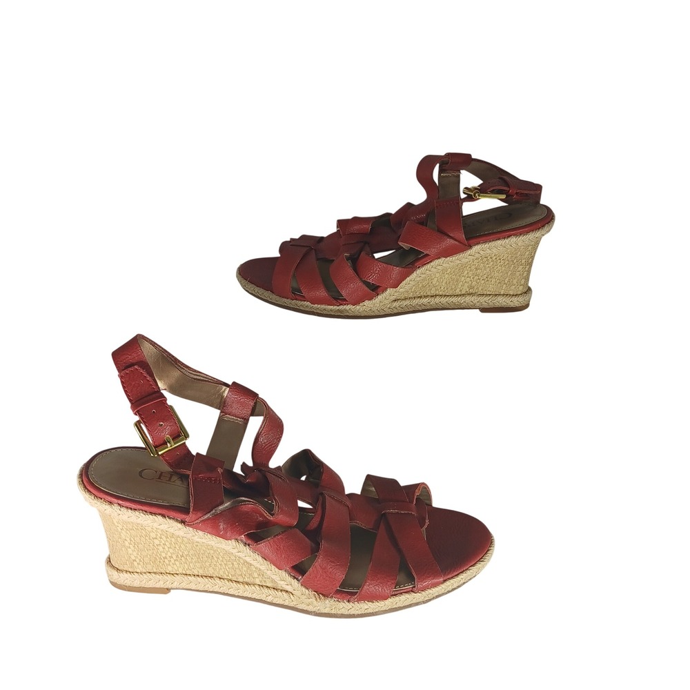 Chaps Espadrille Wedge Sandals 8B Red Strappy Buckle Summer Preppy Boho